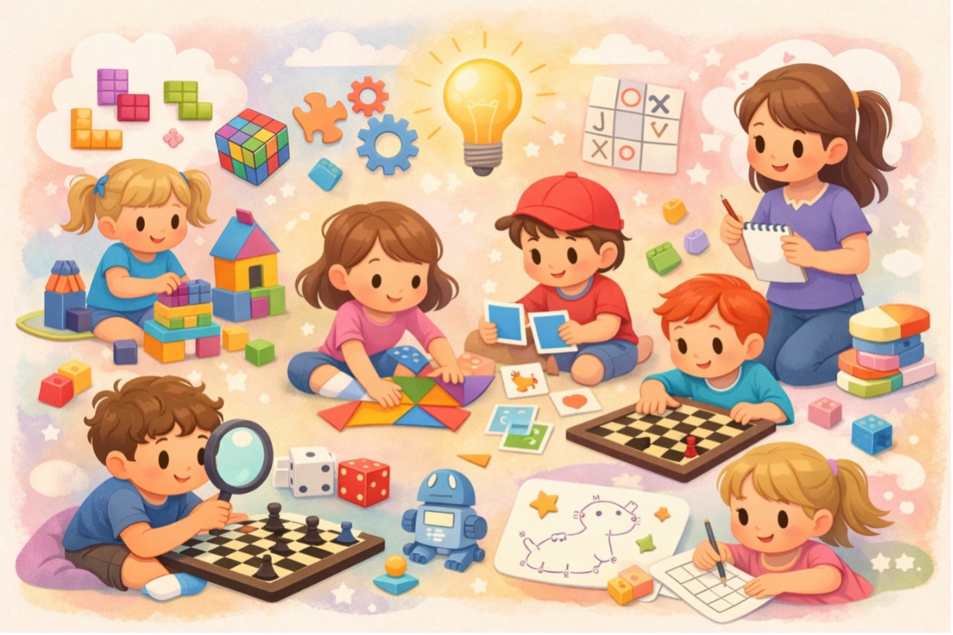 Evde çocuklar için zeka oyunları oynayan çocukların bulunduğu eğitici ve eğlenceli oyun sahnesi