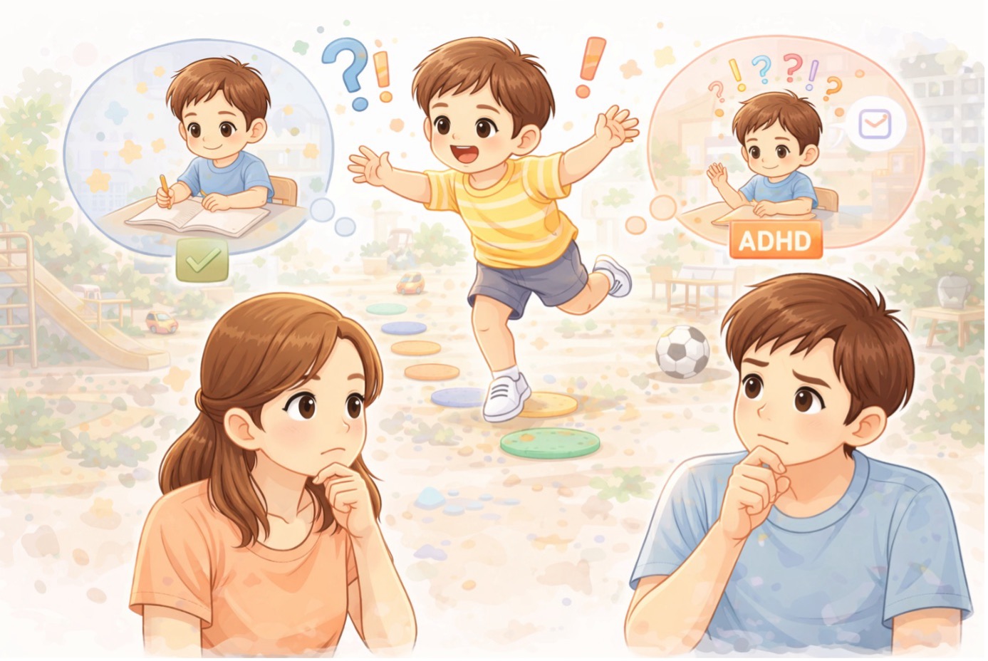 Hareketli çocuk normal mi sorusunu düşünen ebeveynler ve dikkat eksikliği belirtilerini anlatan illüstrasyon