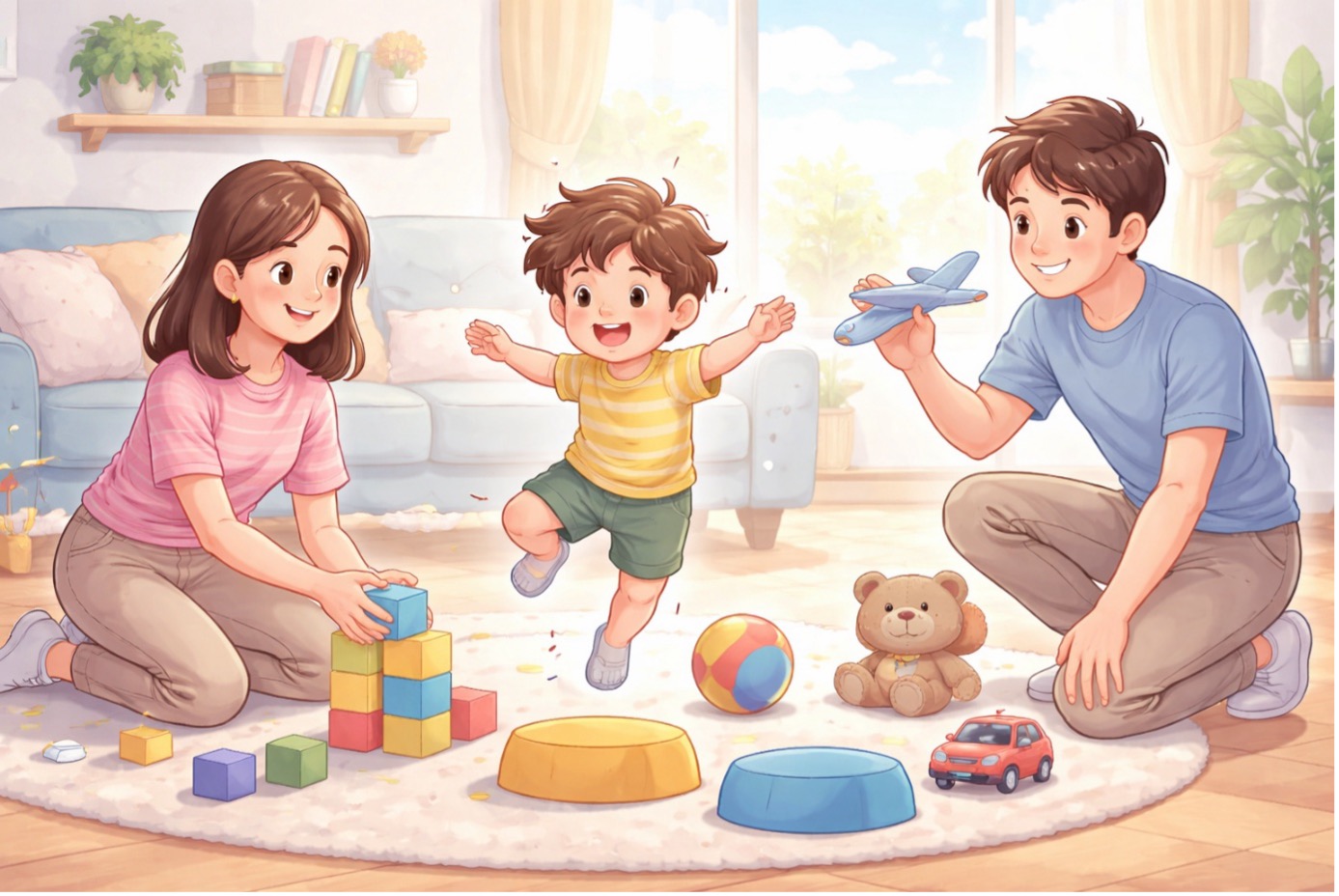 Hareketli çocuk normal mi sorusuna örnek olarak, ebeveynleriyle oyun oynayan enerjik çocuğu gösteren illüstrasyon