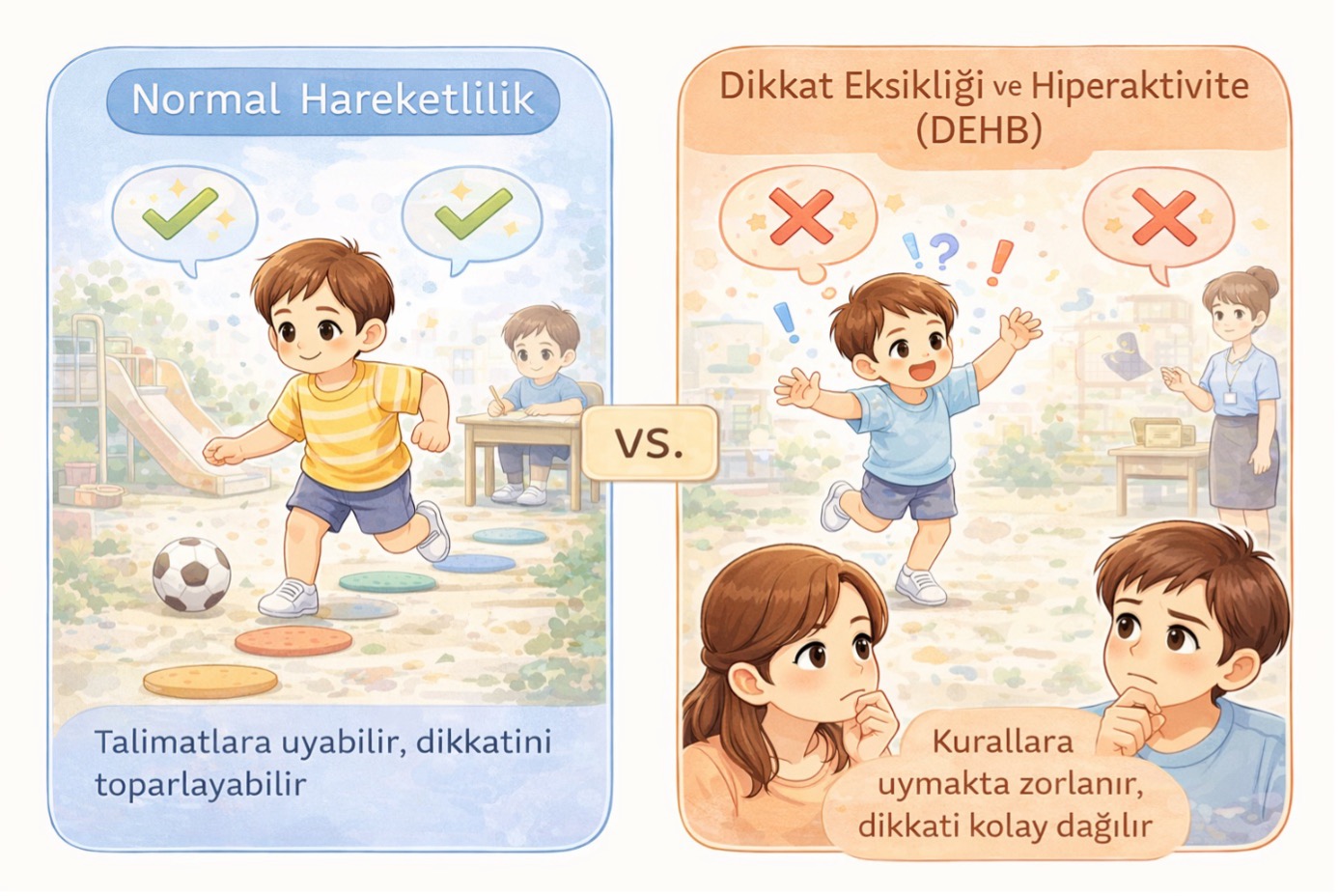 Hareketli çocuk normal mi sorusunu açıklayan, normal hareketlilik ile DEHB belirtilerini karşılaştıran illüstrasyon