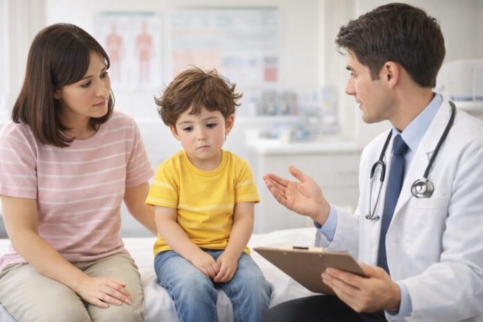 Konuşmayan çocuk ne zaman doktora götürülmeli sorusunu temsil eden, ebeveynlerin çocuk doktoru ile görüşme sahnesi