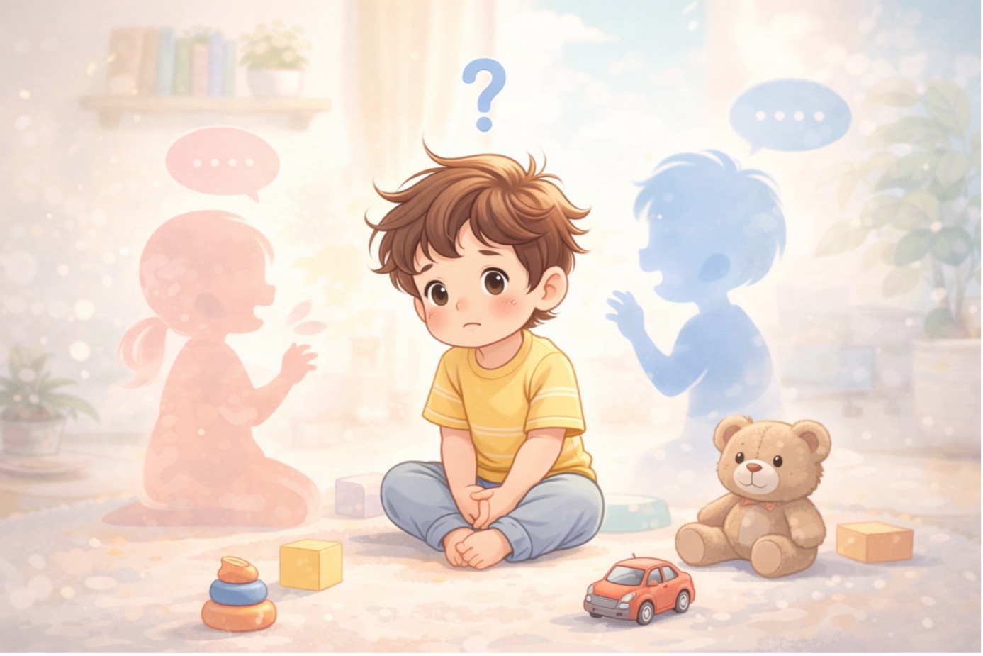 Konuşmayan çocuk ne zaman doktora götürülmeli sorusunu düşündüren, iletişim kurmakta zorlanan küçük çocuk illüstrasyonu