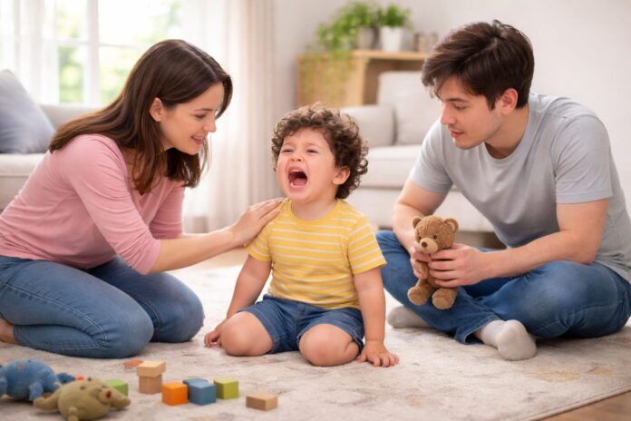 2 yaş sendromu belirtileri sırasında öfke nöbeti yaşayan küçük bir çocuğa ebeveynlerinin sakin ve destekleyici şekilde yaklaştığını gösteren fotoğraf