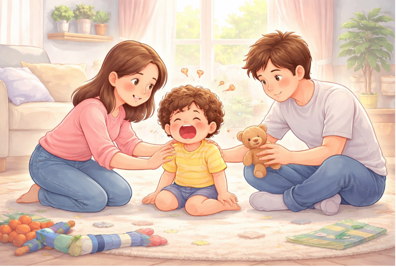 2 yaş sendromu belirtileri sırasında öfke nöbeti yaşayan küçük bir çocuğa ebeveynlerinin sakin ve destekleyici şekilde yaklaştığını gösteren illüstrasyon