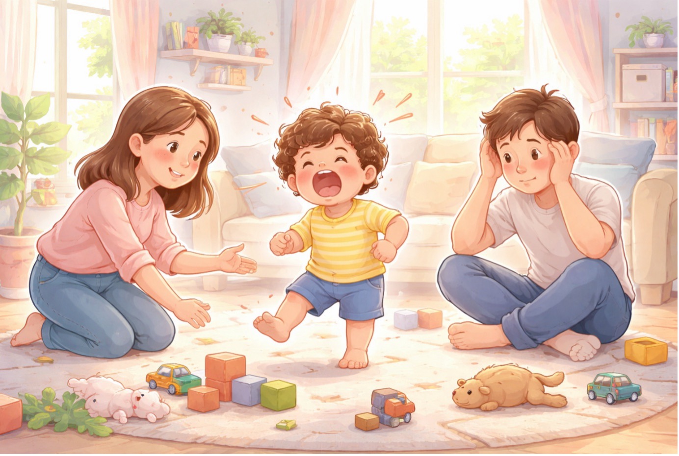 2 yaş sendromu belirtileri yaşayan küçük bir çocuğun öfke nöbeti sırasında ebeveynlerinin sakin şekilde yaklaşmaya çalıştığını gösteren illüstrasyon