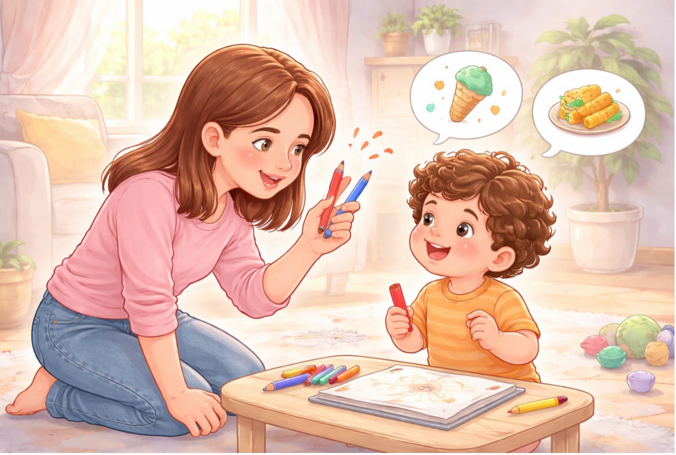 2 yaş sendromu belirtileri yaşayan bir çocuğa ebeveyninin seçenek sunarak sakin ve yönlendirici şekilde iletişim kurduğunu gösteren illüstrasyon