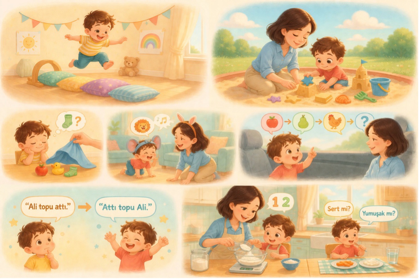 3 yaş çocuklar için zeka oyunları örnekleri: engelli parkur, kum oyunu, eşya tahmin etme ve sözlü oyun aktiviteleri