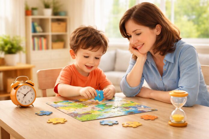 3 yaş çocuklar için zeka oyunları oynayan çocuk ve annesi, masa üzerinde yapboz aktivitesi
