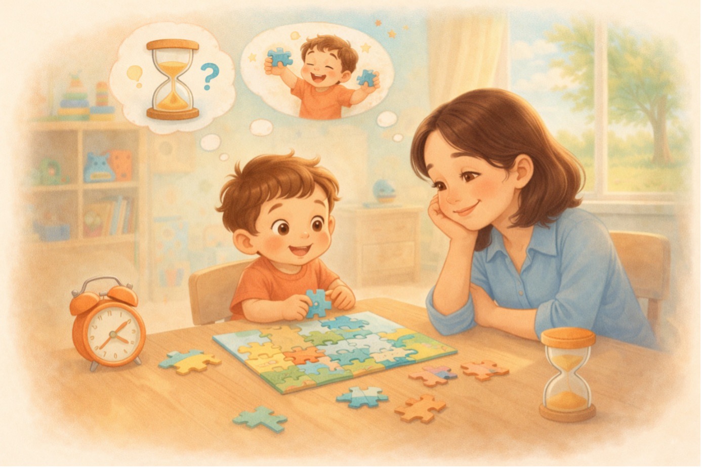 3 yaş çocuklar için zeka oyunları: ebeveyn ile birlikte yapboz oynayan çocuk