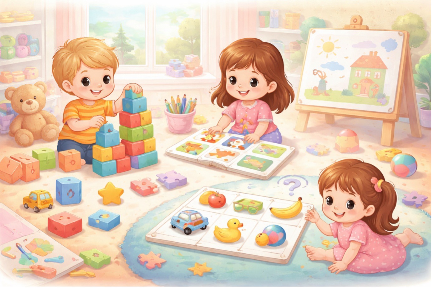 4 yaş zeka oyunları oynayan çocukların blok, eşleştirme ve hafıza oyunlarıyla evde öğrenmesi