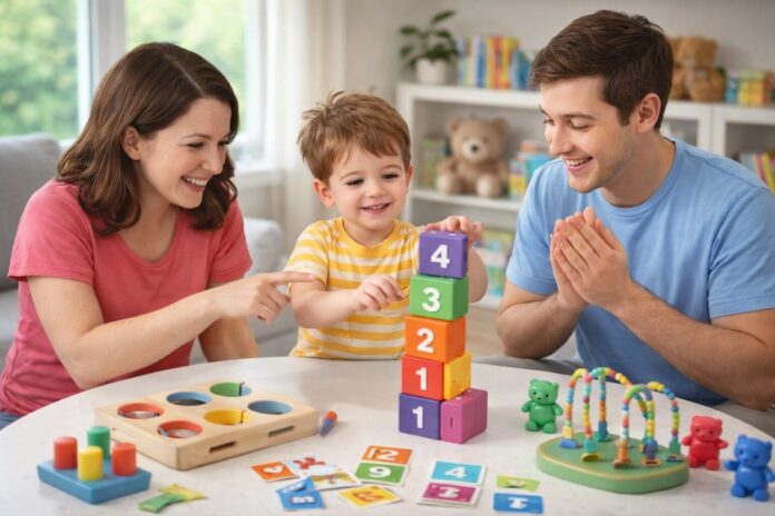 4 yaş zeka oyunları oynayan çocuğun ebeveynleriyle evde blok ve eşleştirme oyunu oynaması