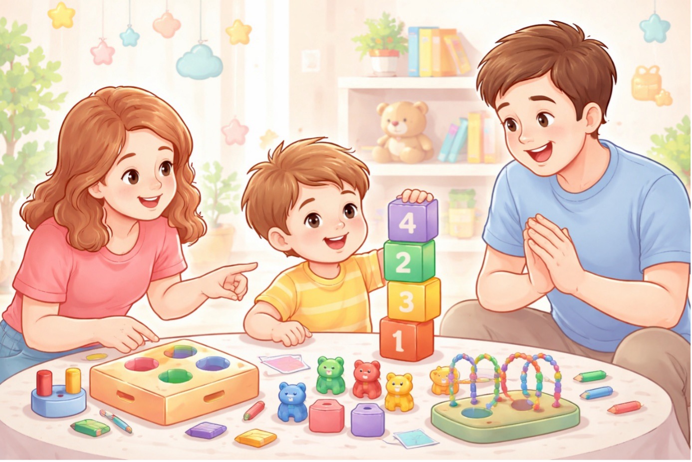 4 yaş zeka oyunları oynayan çocuk ve ebeveynlerin evde blok ve eşleştirme oyunu oynaması