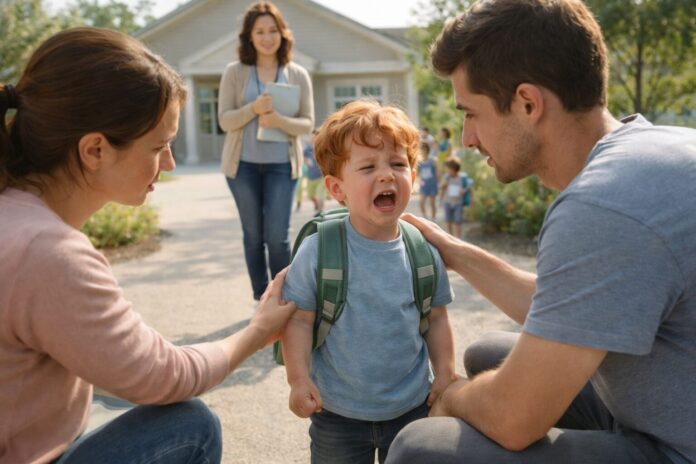 Anaokuluna başlayan çocukta öfke nöbeti yaşayan bir çocuğu anaokulu önünde sakinleştirmeye çalışan ebeveynleri gösteren fotoğraf