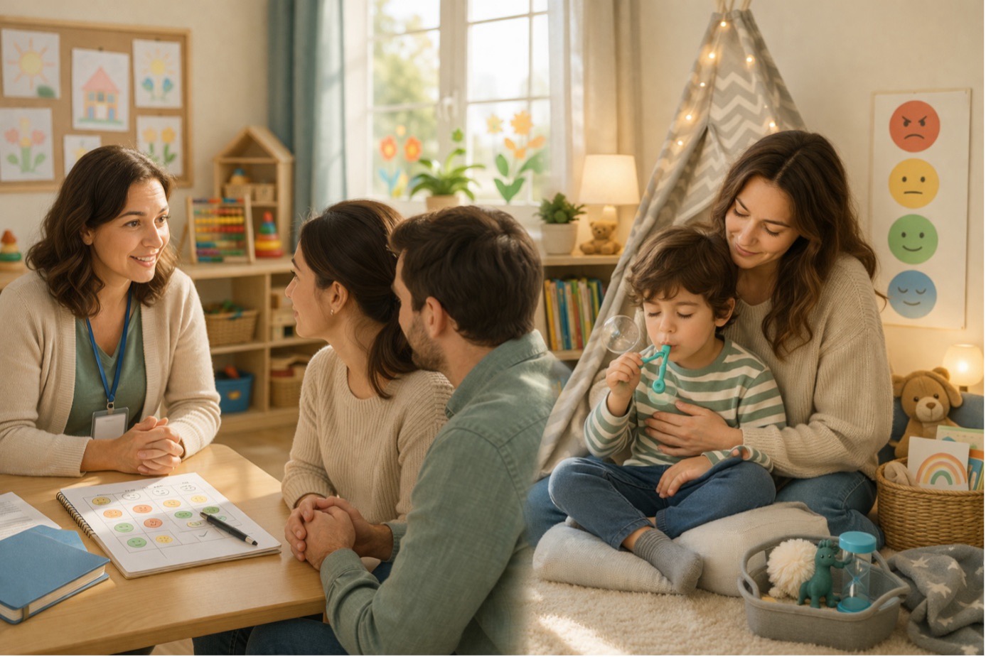 Anaokuluna başlayan çocukta öfke nöbeti yaşayan bir çocuk için öğretmen ve ebeveynlerin çözüm konuştuğu anaokulu sahnesi
