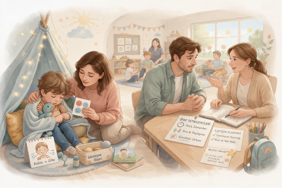 Anaokuluna başlayan çocukta öfke nöbeti yaşayan bir çocuğu sakinleştirmeye çalışan ebeveyn ve öğretmenle çözüm konuşulan anaokulu sahnesi
