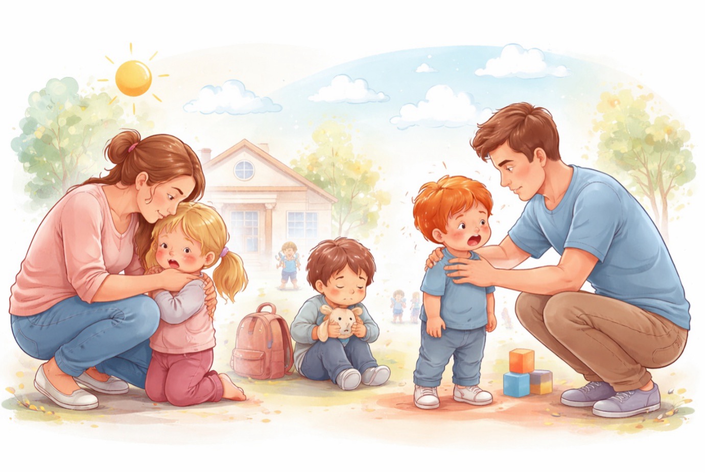 Anaokuluna başlayan çocukta öfke nöbeti yaşayan bir çocuğu sakinleştirmeye çalışan ebeveynleri gösteren illüstrasyon