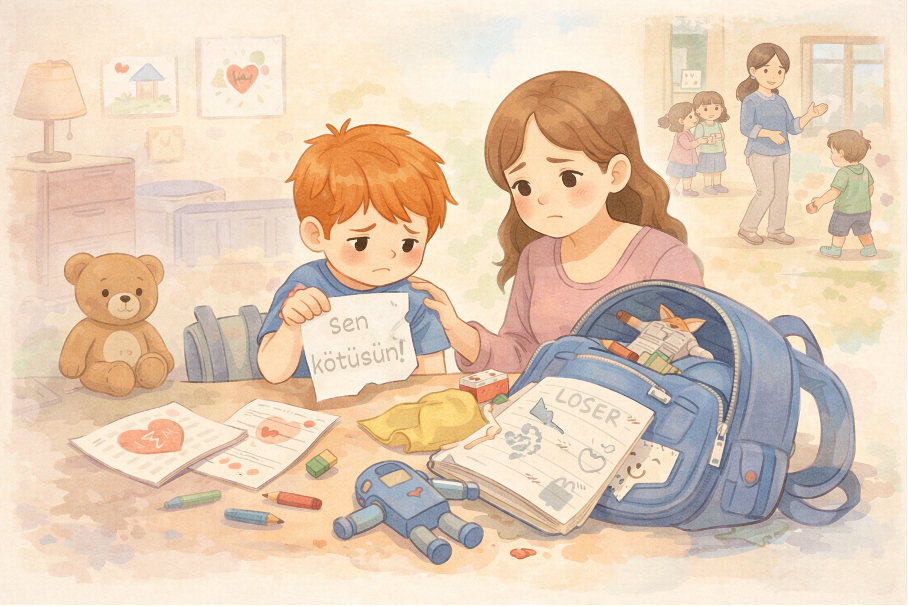 Anaokulunda zorbalık belirtileri yaşayan üzgün çocuk ve ebeveyn desteğini gösteren sahne