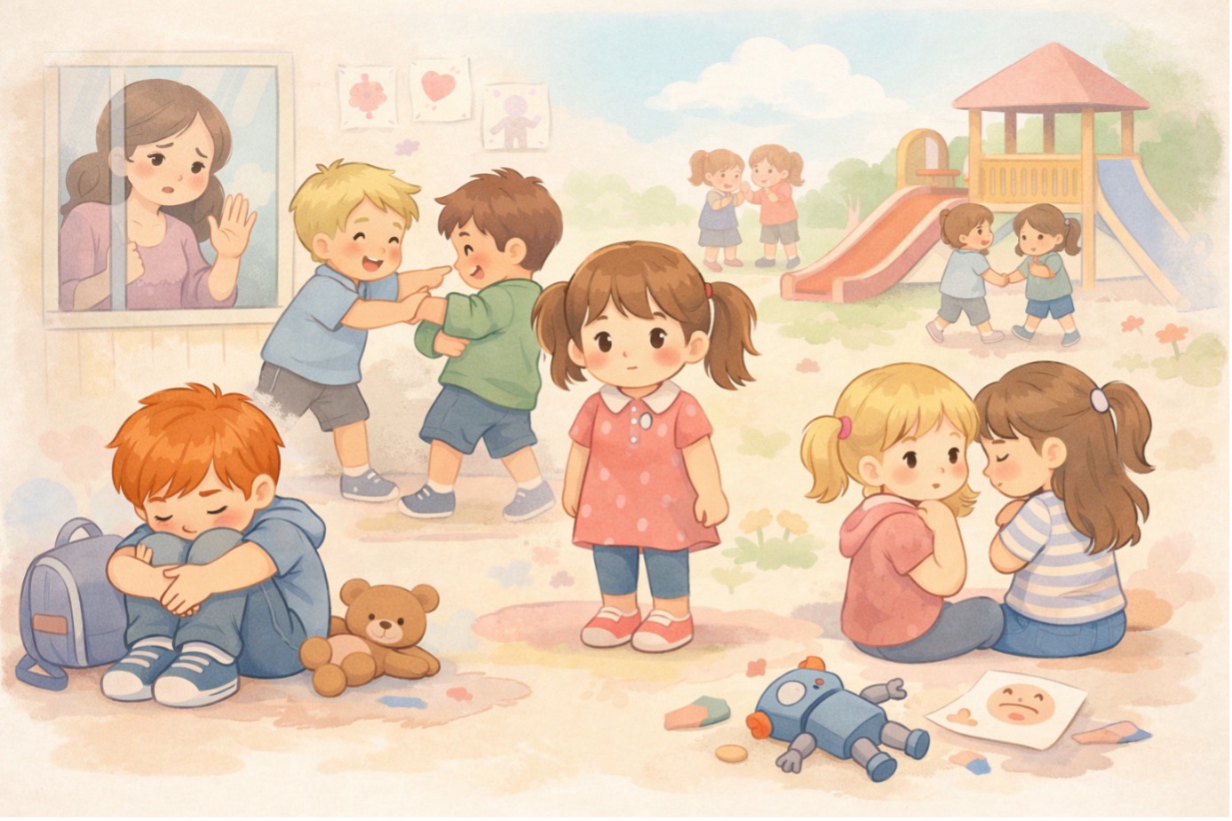 Anaokulunda zorbalık belirtileri: oyun alanında dışlanan ve üzgün görünen çocuklar