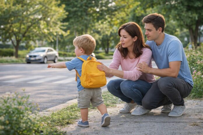 Çocuğa hayır demek ve güvenli sınırlar koymak için ebeveynlerin küçük bir çocuğu yola çıkmaması konusunda uyarması