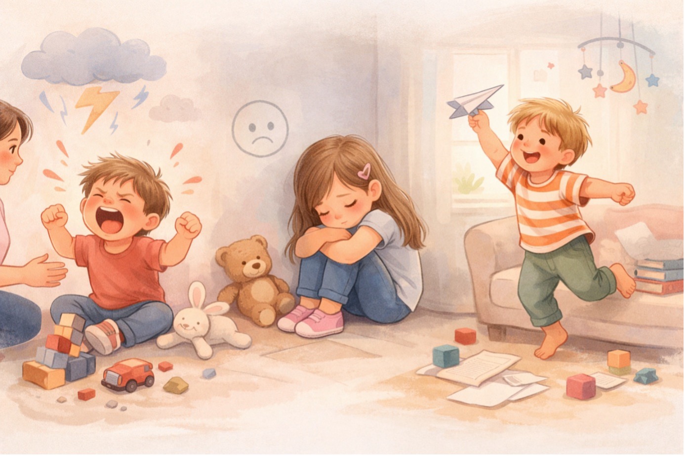 Çocuğum söz dinlemiyor ne yapmalıyım sorusunu düşündüren öfke nöbeti, üzgünlük ve hareketli davranışlar sergileyen çocukları gösteren illüstrasyon