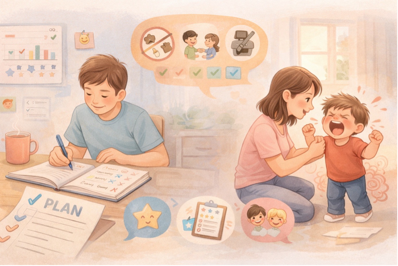 Çocuğum söz dinlemiyor ne yapmalıyım sorusuna yönelik ebeveynin çocuk davranışını sakin şekilde yönettiğini gösteren illüstrasyon