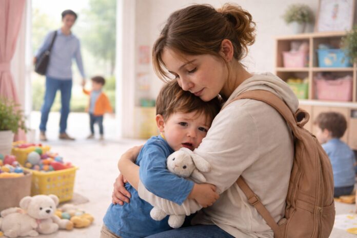 Kreş ortamında annesine sarılan ve anneden ayrılmak istemeyen küçük çocuk – çocuklarda ayrılık kaygısı