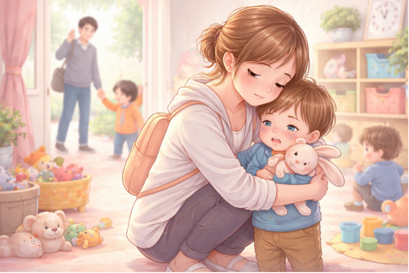 Kreşte annesine sarılan ve anneden ayrılmak istemeyen küçük çocuk – çocuklarda ayrılık kaygısı örneği