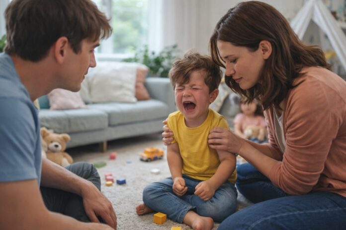 Çocuklarda öfke nöbeti yaşayan küçük bir çocuğu ebeveynlerin sakinleştirmeye çalıştığı an