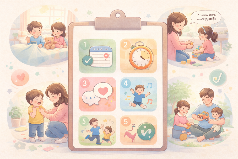Çocuklarda öfke nöbeti nasıl azaltılır sorusuna örnek olarak günlük rutin ve ebeveyn yaklaşımını gösteren illüstrasyon