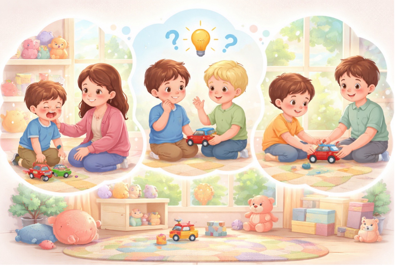 "Çocuklarda problem çözme becerileri sürecini temsil eden; duygusal regülasyon, çözüm arayışı ve akranlar arası iş birliği aşamalarını içeren pedagojik illüstrasyon."