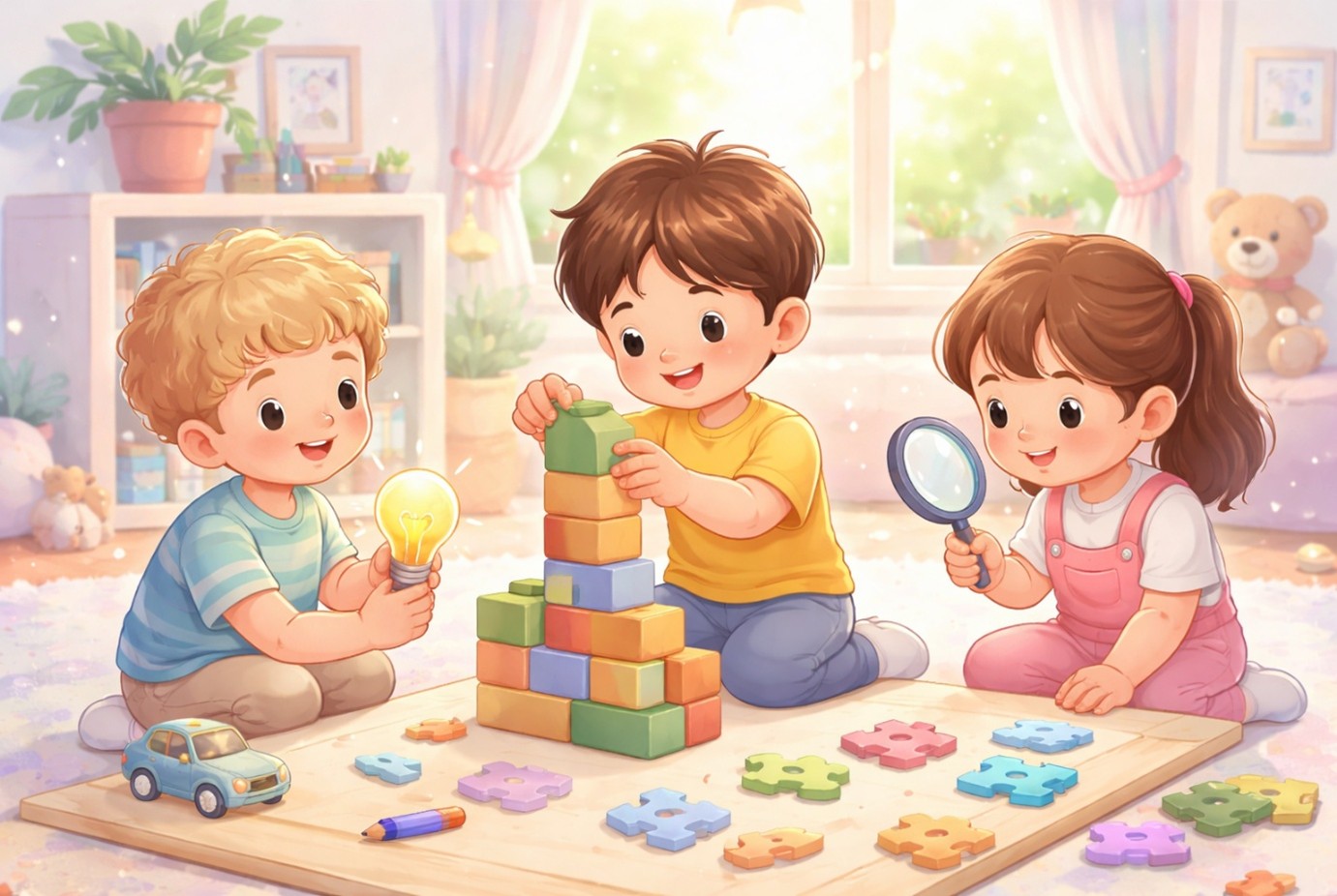 Çocuklarda problem çözme becerisi geliştirme için bloklarla oynayan ve birlikte çözüm üreten çocuklar