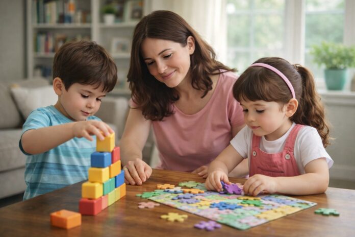Çocuklarda problem çözme becerisi nasıl geliştirilir: anne rehberliğinde puzzle ve blok oyunu oynayan çocuklar