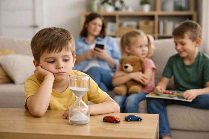 Çocuklarda sabır eğitimi örneği: kum saatine bakarak bekleyen bir çocuk