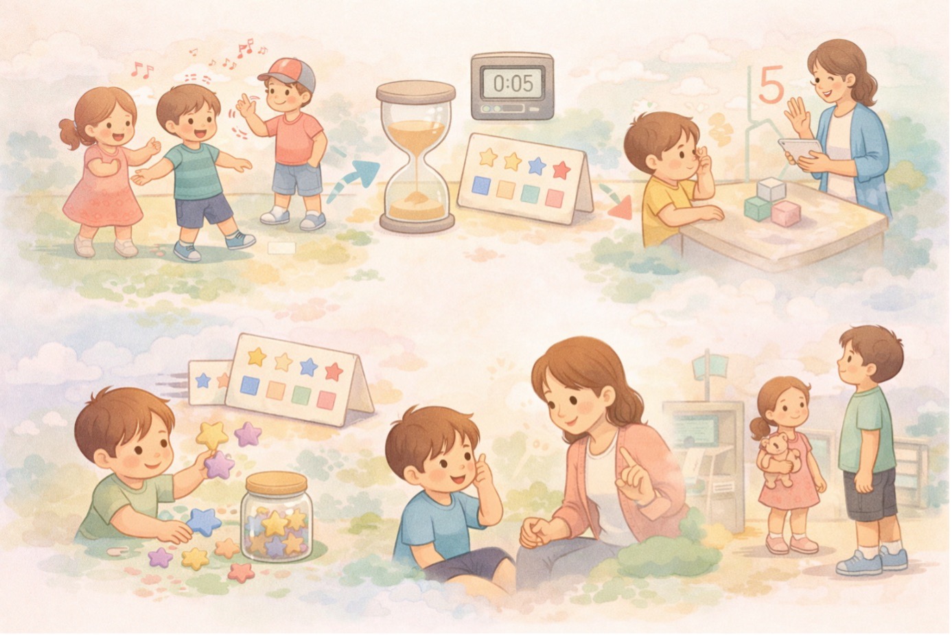Çocuklarda sabır eğitimi için kullanılan kum saati, bekleme oyunları ve duygu paylaşımı gibi pratik yöntemleri gösteren eğitici illüstrasyon.
