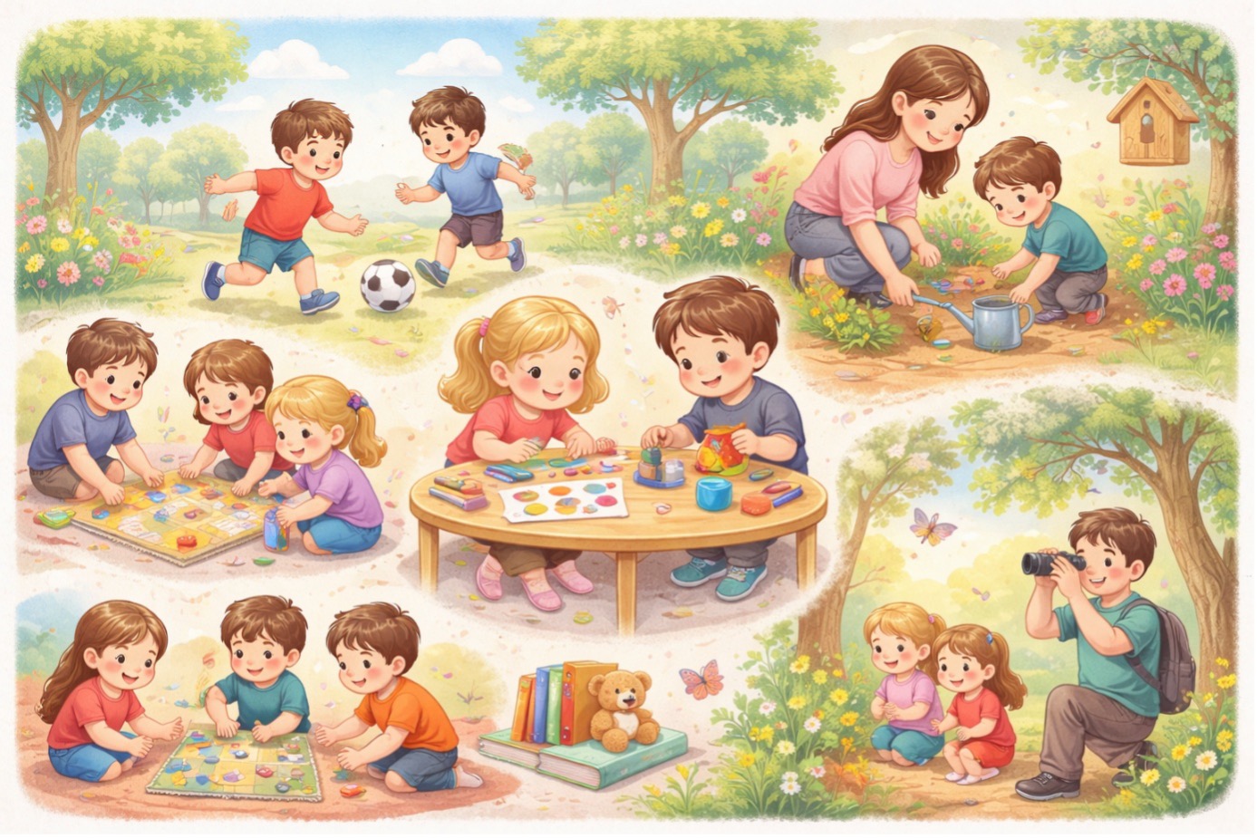 Okul öncesi çocuklarda ekran süresi yerine önerilen alternatif etkinlikleri gösteren, çocukların açık havada oyun oynadığı ve yaratıcı aktiviteler yaptığı illüstrasyon