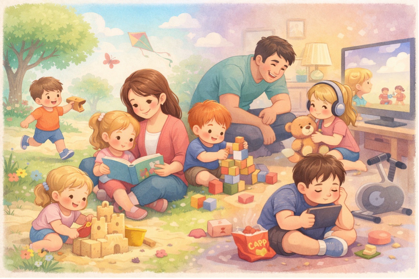 Okul öncesi çocuklarda ekran süresi ve oyun aktiviteleri arasındaki dengeyi gösteren aile ortamı illüstrasyonu