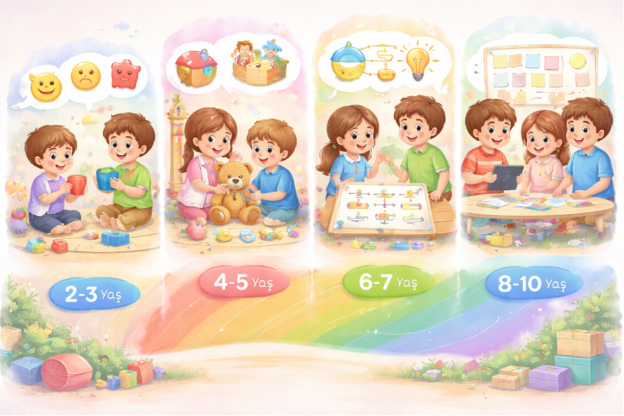 "Çocuklarda problem çözme becerilerinin yaşa göre gelişim evrelerini; 2-3 yaş duygu ifadesi, 4-5 yaş empati ve oyun, 6-7 yaş mantıksal çözüm ve 8-10 yaş iş birliği temalarıyla gösteren pedagojik gelişim çizelgesi."