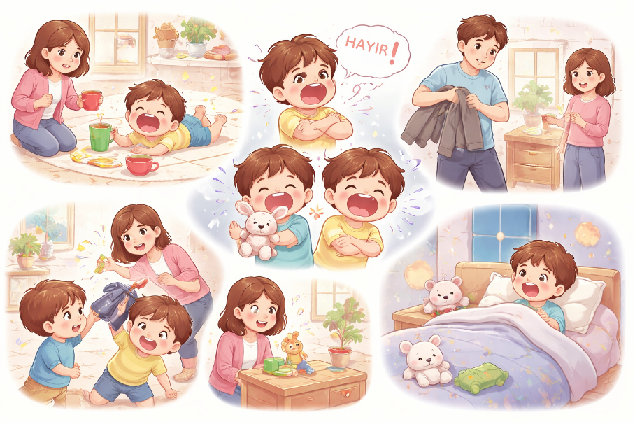 “3 yaş sendromu belirtileri arasında görülen inatlaşma, öfke nöbeti, hayır deme ve günlük davranış değişimlerini gösteren çocuk illüstrasyonu”
