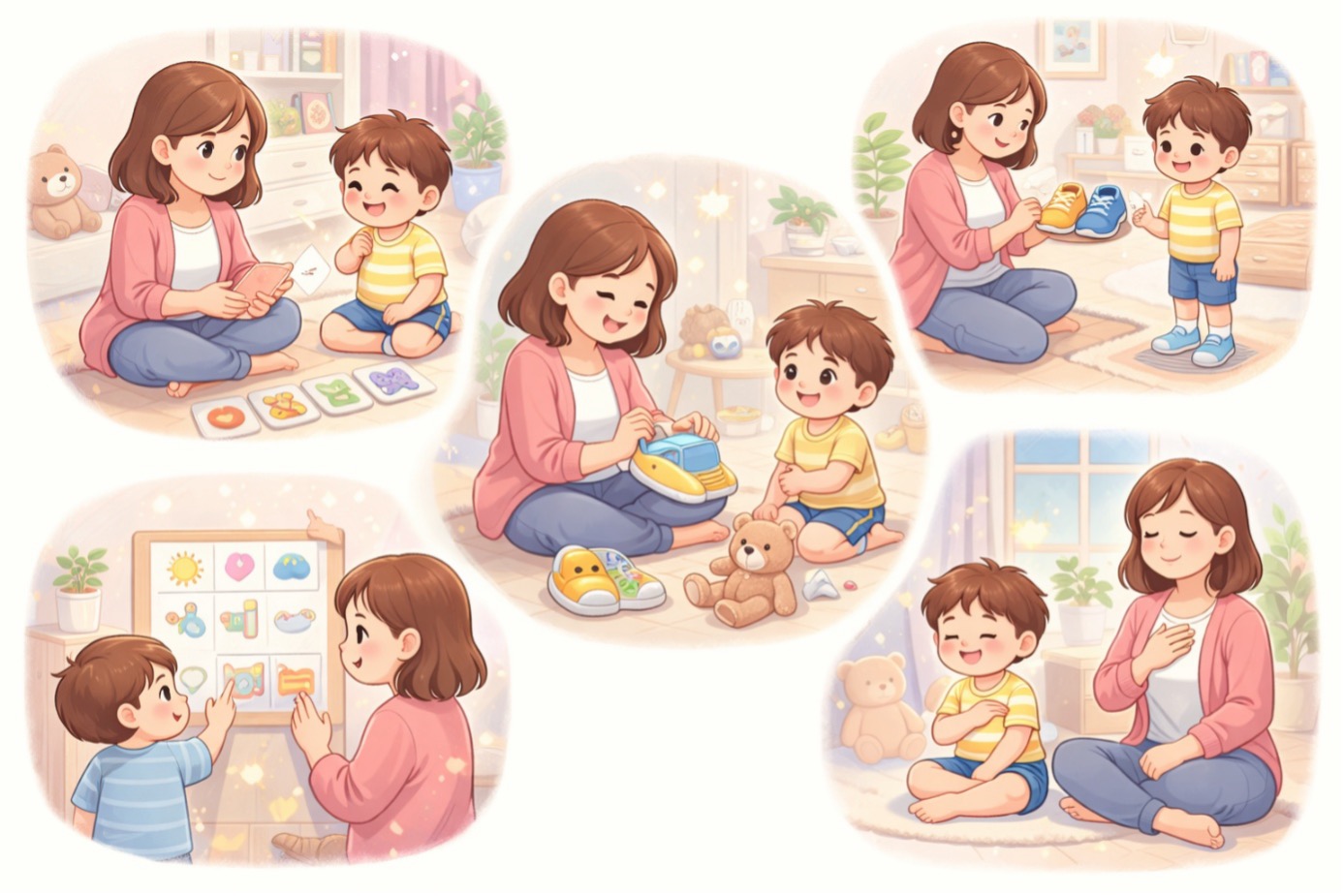 “3 yaş sendromu belirtileri yaşayan çocuğa ebeveynin seçenek sunarak ve oyunla yaklaşarak sakinleşmesine yardımcı olduğu sahneleri gösteren illüstrasyon”