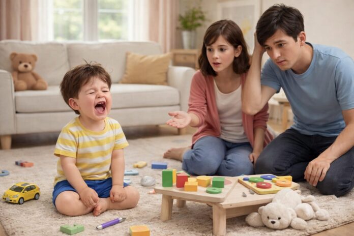 “3 yaş sendromu belirtileri arasında görülen öfke nöbeti yaşayan küçük çocuk ve onu sakinleştirmeye çalışan ebeveynler”