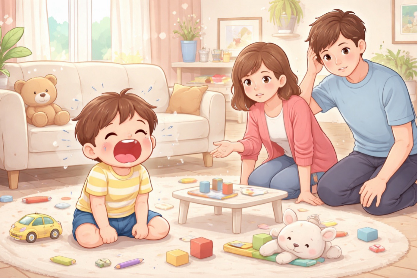 “3 yaş sendromu belirtileri yaşayan bir çocuğun öfke nöbeti sırasında anne ve babasının sakinleşmeye çalıştığı sahne”