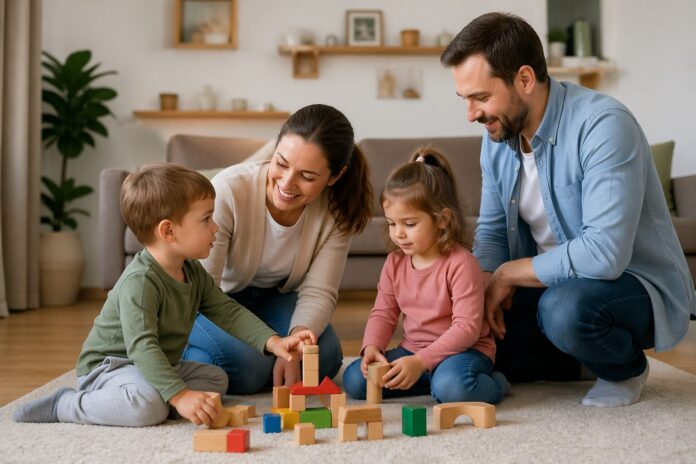 “Çocuğum vuruyor ne yapmalıyım konusunu temsil eden, ebeveynlerin çocuklarla sakin şekilde iletişim kurduğu aile sahnesi.”