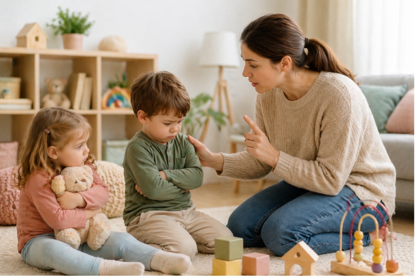 “Çocuğum vuruyor ne yapmalıyım sorusuna örnek olarak, vurma davranışı sonrası çocuğuna sakin şekilde sınır koyan anne.”