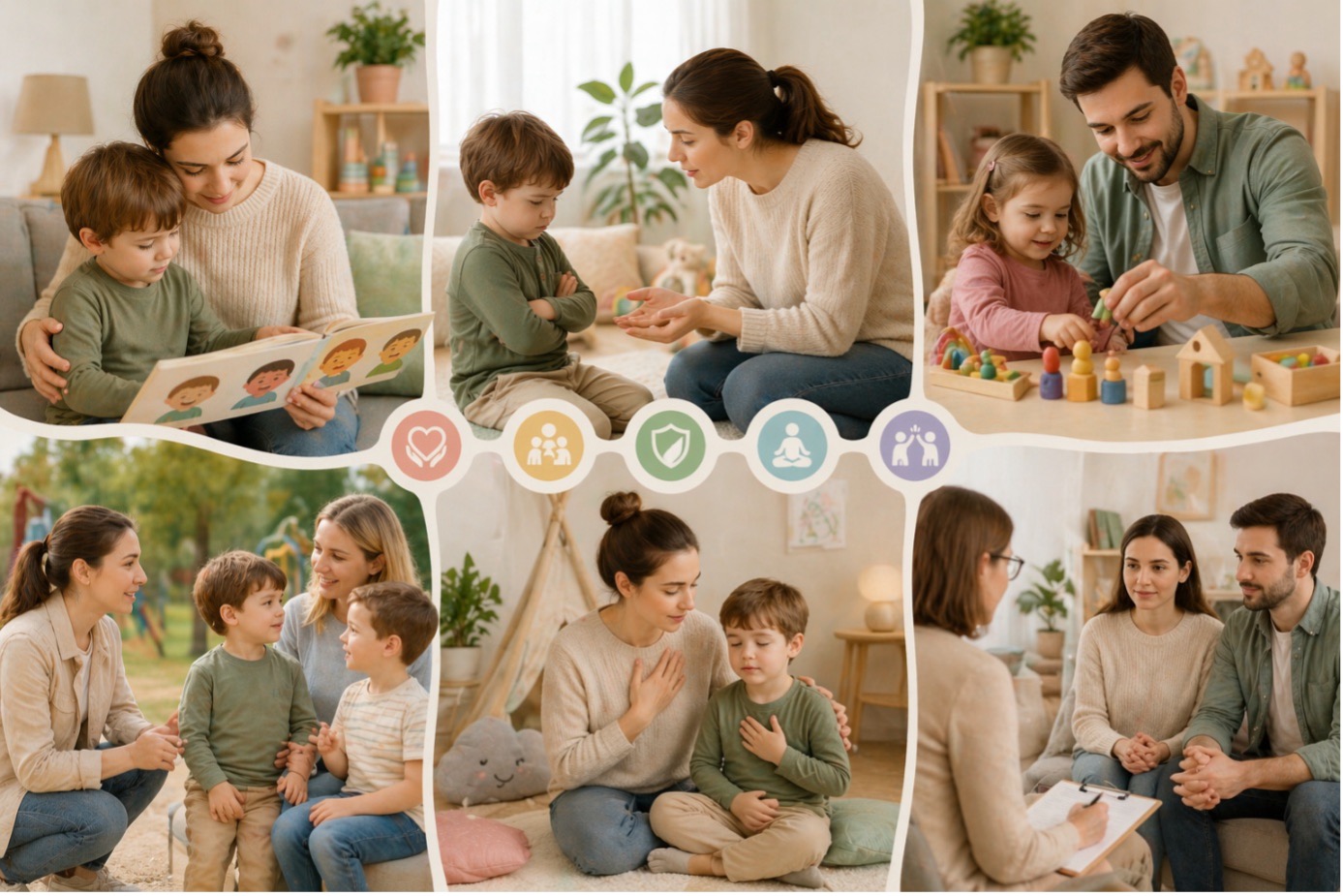 “Çocuğum vuruyor ne yapmalıyım sorusuna yönelik, ebeveynlerin çocukla konuşma, rehberlik etme ve olumlu davranışı öğretme yöntemlerini gösteren görsel.”