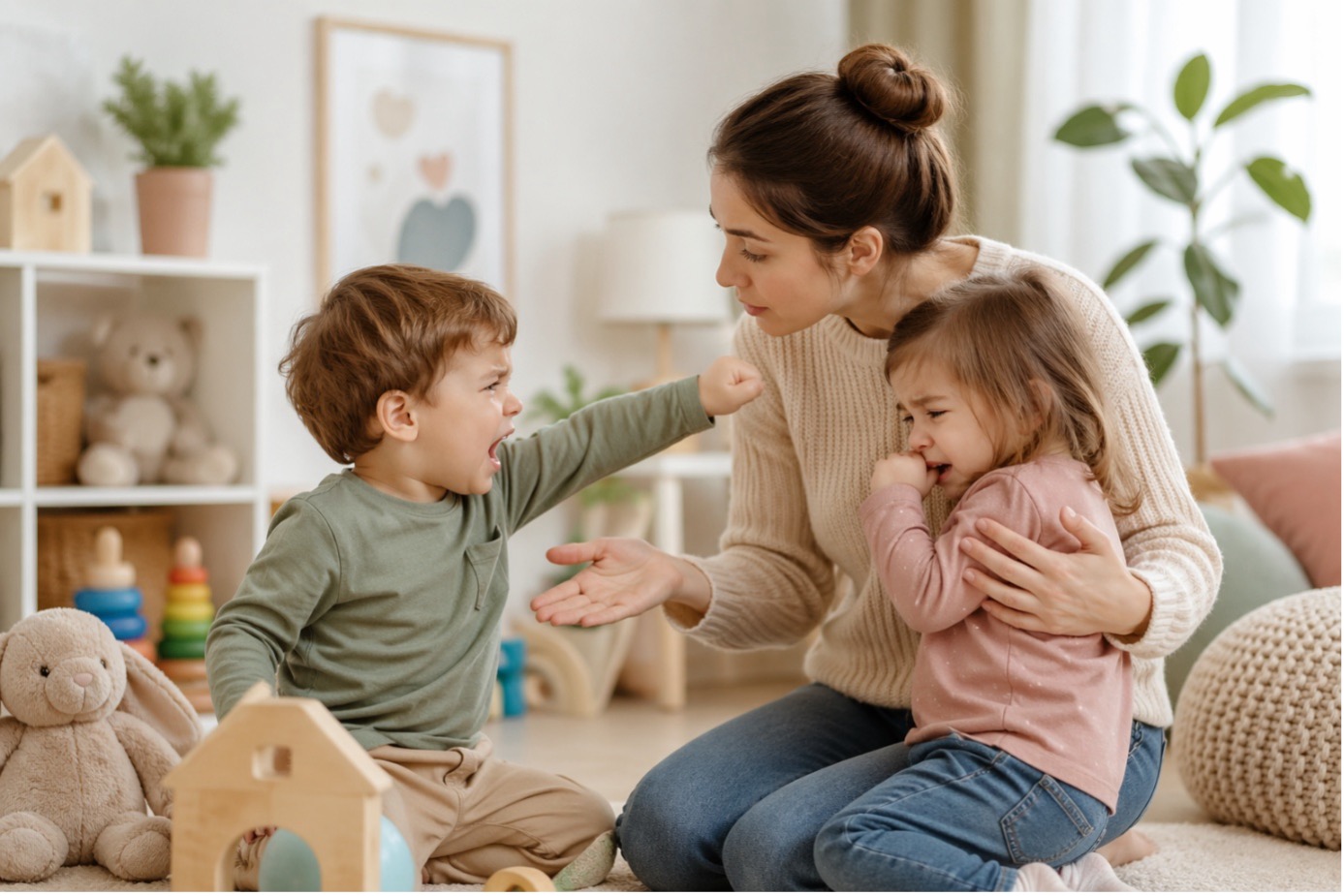 “Çocuğum vuruyor ne yapmalıyım sorusunu temsil eden, oyuncak oynarken kardeşine vurmak üzere olan küçük çocuk ve araya giren anne.”