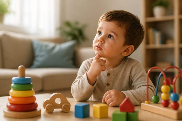 “Oyuncaklarla oynayan küçük bir çocuk – çocuklarda geç konuşma konusunu temsil eden görsel”