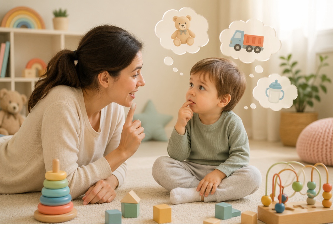 "Bir anne veya uzmanın küçük bir çocukla iletişim kurmaya çalışması ve akıllara gelen çocuk neden geç konuşur sorusunu simgeleyen görsel."