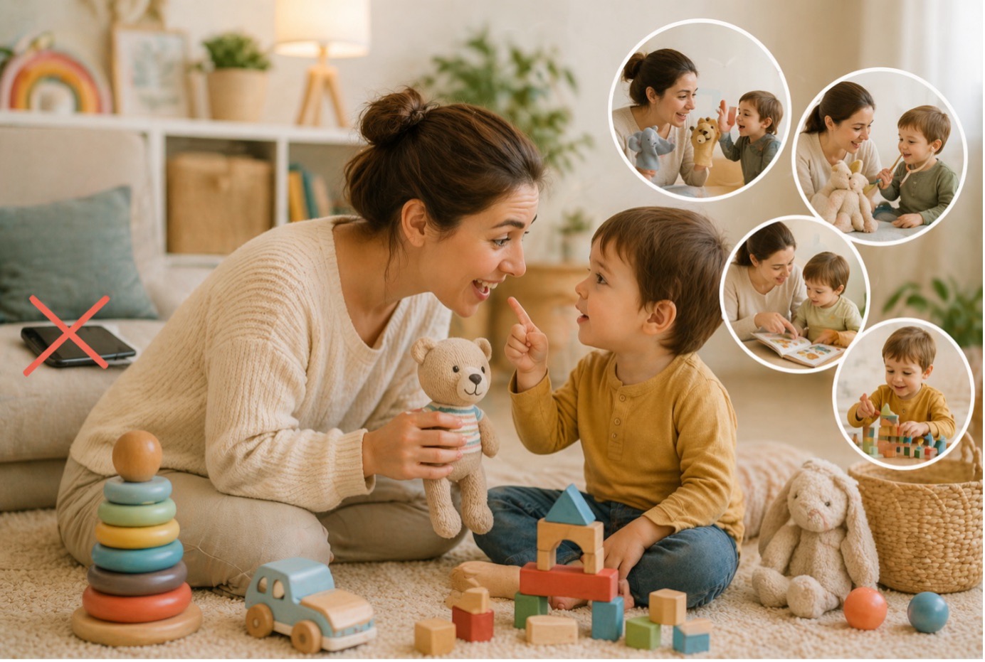 "Anne ve küçük çocuğun eğitici oyunlarla kurduğu iletişimi gösteren, kukla, kitap okuma ve blok oyun sahneleri içeren bir kolaj. Görselde 'çocuk neden geç konuşur' sorusuna yönelik dil gelişimini destekleyici yöntemler vurgulanıyor ve tablet üzerinde bir 'X' işareti görülüyor."