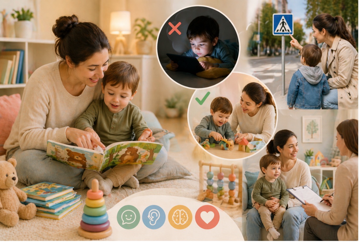 "Bir annenin çocuğuyla kitap okuduğu, dışarıda iletişim kurduğu ve oyun oynadığı sahnelerle birlikte, çocuk neden geç konuşur sorusunun nedenleri arasında yer alan yanlış ekran kullanımını ve uzman desteğinin önemini gösteren kolaj."