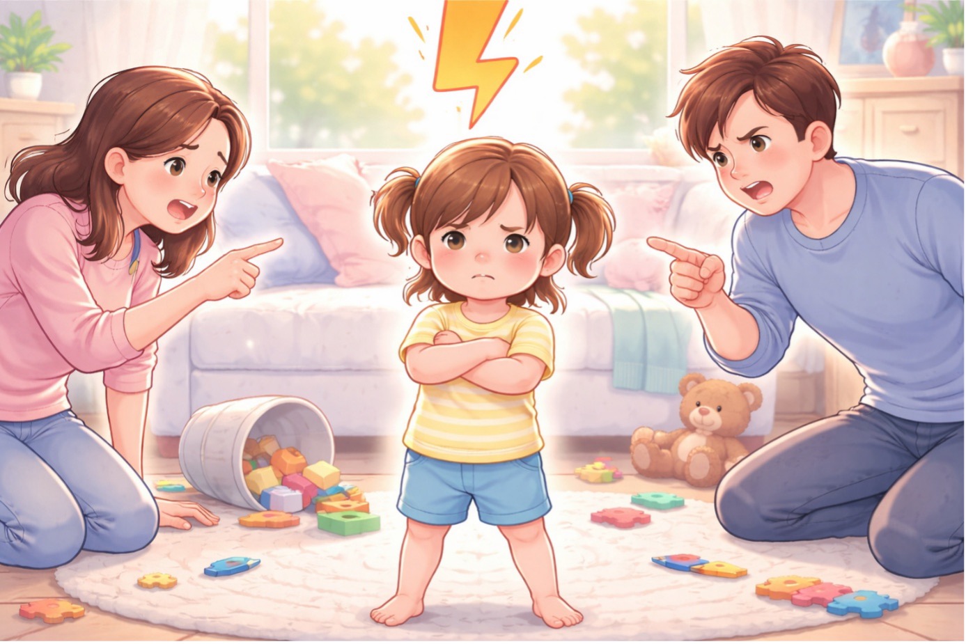 Anne ve babası karşısında kollarını bağlayarak duran, yüzü asık ve inatçı bir kız çocuğu. Etrafta dağılmış oyuncakların olduğu bir odada ebeveynlerin çocukla çatışma anını ve çocuk neden inatlaşır sorusunu simgeleyen illüstrasyon.